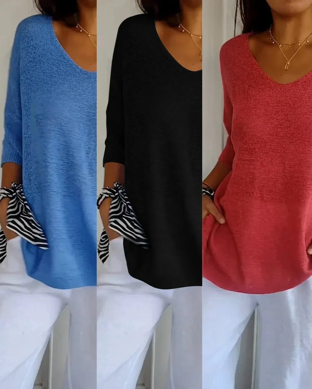 Kit 3 Blusas Malu® Malha Leve – Decote V Elegante