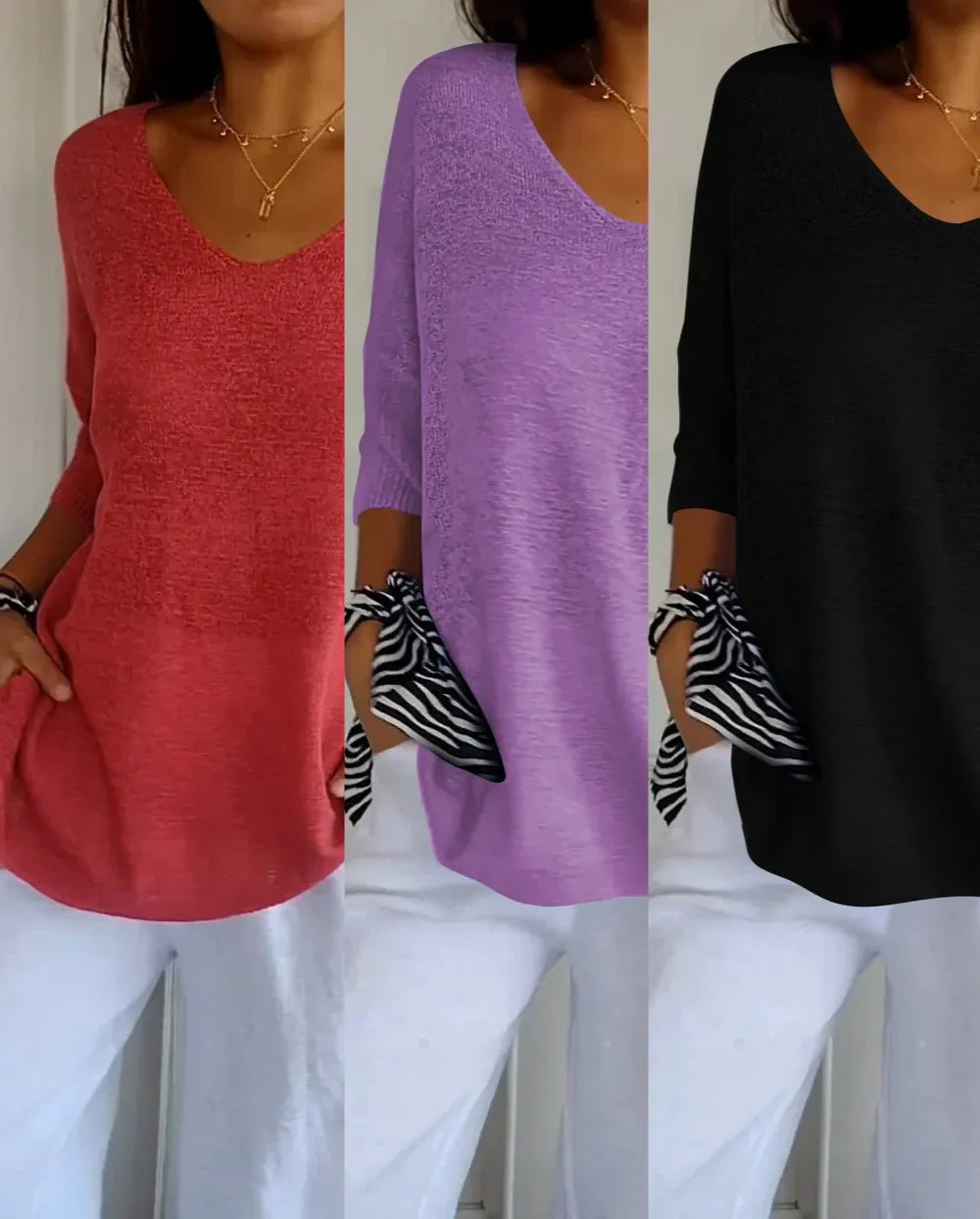 Kit 3 Blusas Malu® Malha Leve – Decote V Elegante