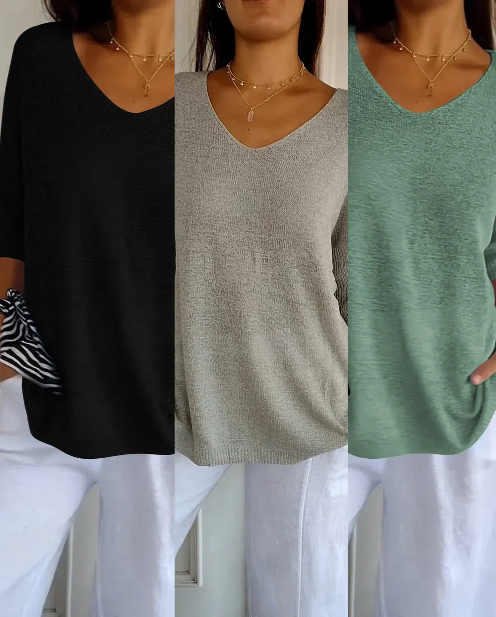 Kit 3 Blusas Malu® Malha Leve – Decote V Elegante