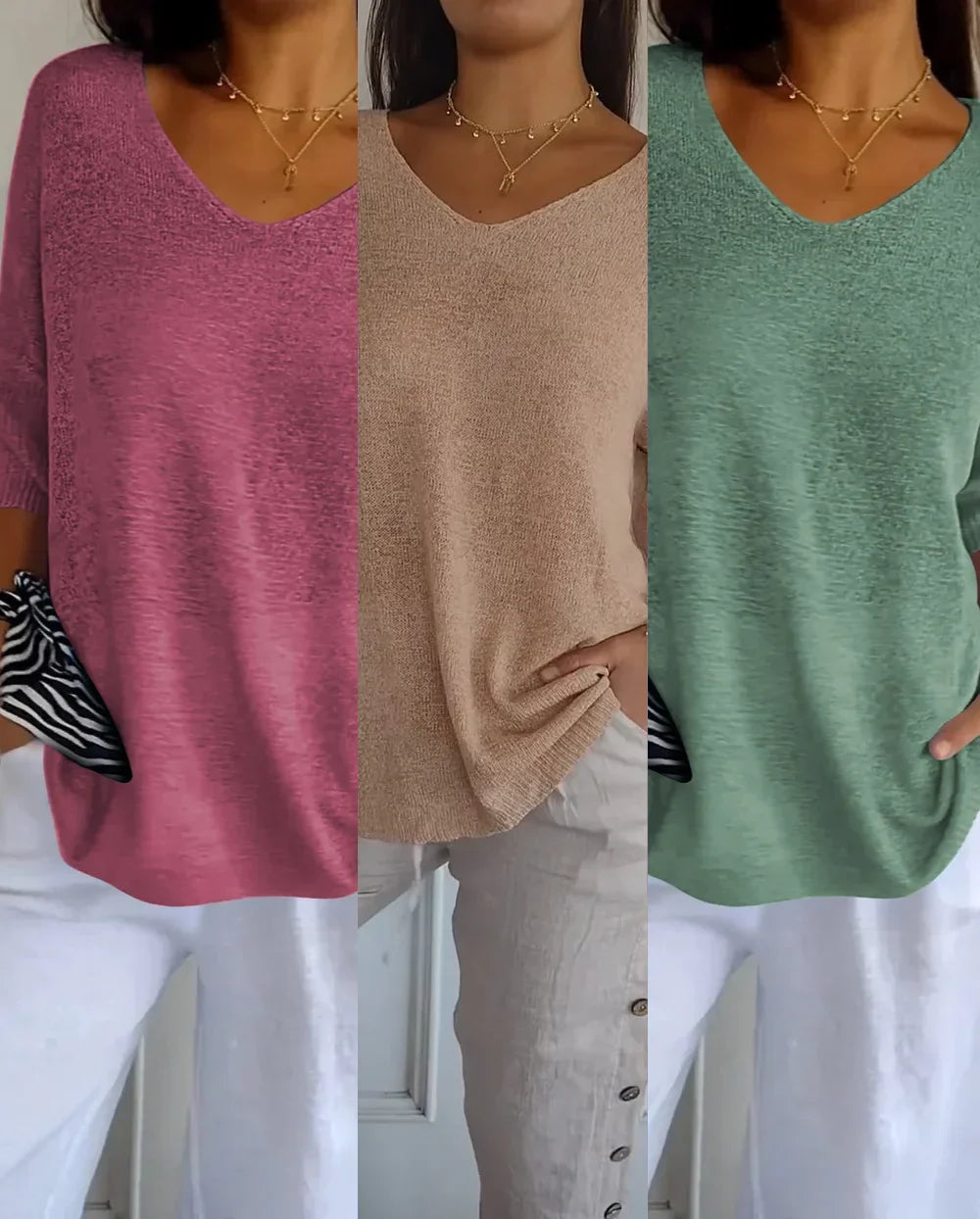Kit 3 Blusas Malu® Malha Leve – Decote V Elegante
